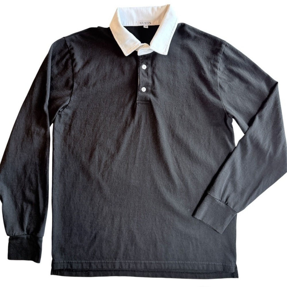 Gustin Rugby Shirt Mens Medium Black White Collar Long Sleeve Cotton
